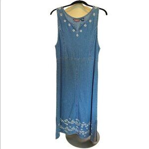 Agapo Denim Embroidered Sleeveless Maxi Dress Size PM Blue with Silver Flowers